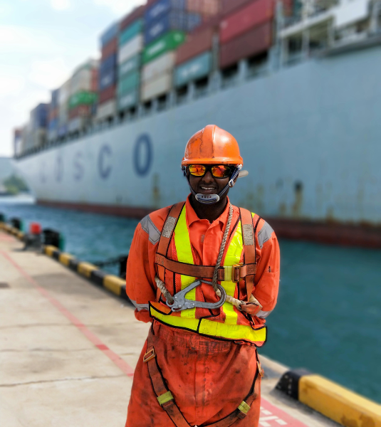 dockworker in front of a shipping vessel